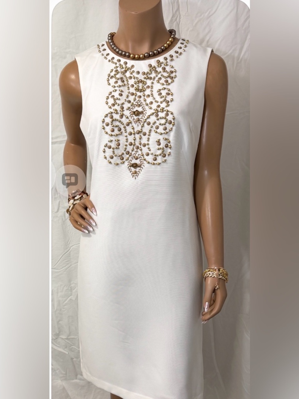Ellen Tracy White Sleeveless Midi Dress with Gold Bead Detail☑️